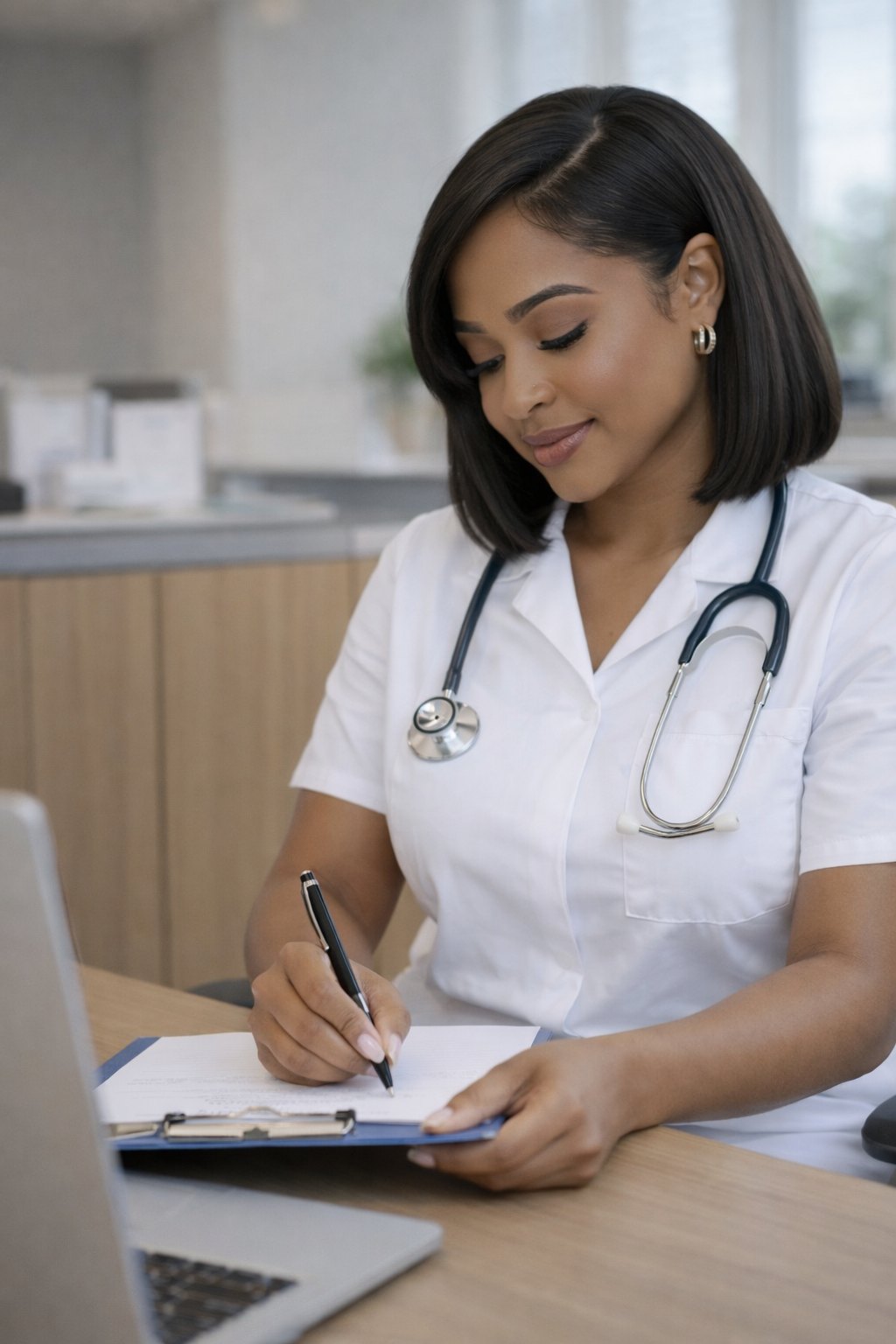 Nurse Kay reviewing care notes at her desk
